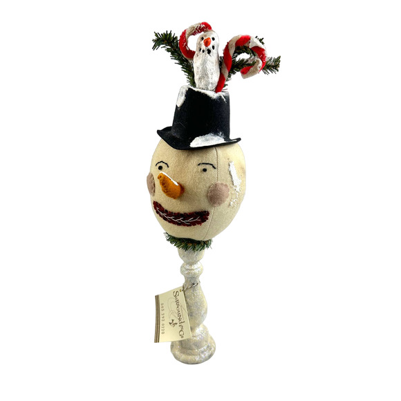 Vintage Whimsical Handmade Snowman Head On A Wooden Candlestick With Candy Canes - Picture 3 of 12